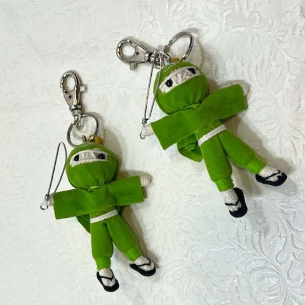 TWO Ninja String Doll Keychain Toys w/Swords Lime Green 2.5" x 3" NEW